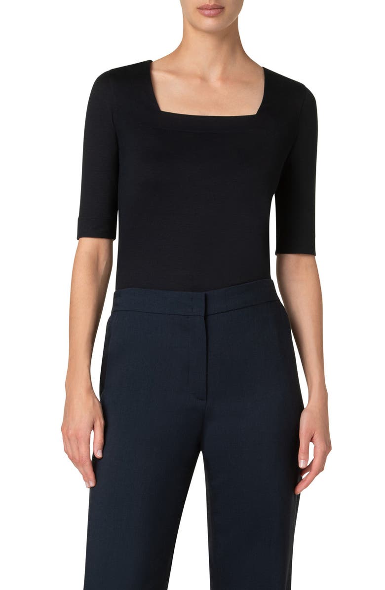 Akris punto Square Neck Stretch Cotton Top, Main, color, Navy