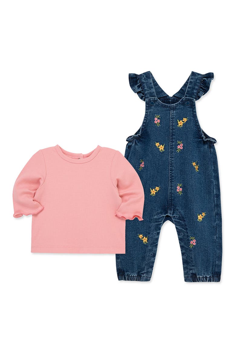 Floral Embroidered Overalls & Shirt Set, Alternate, color, BLUE