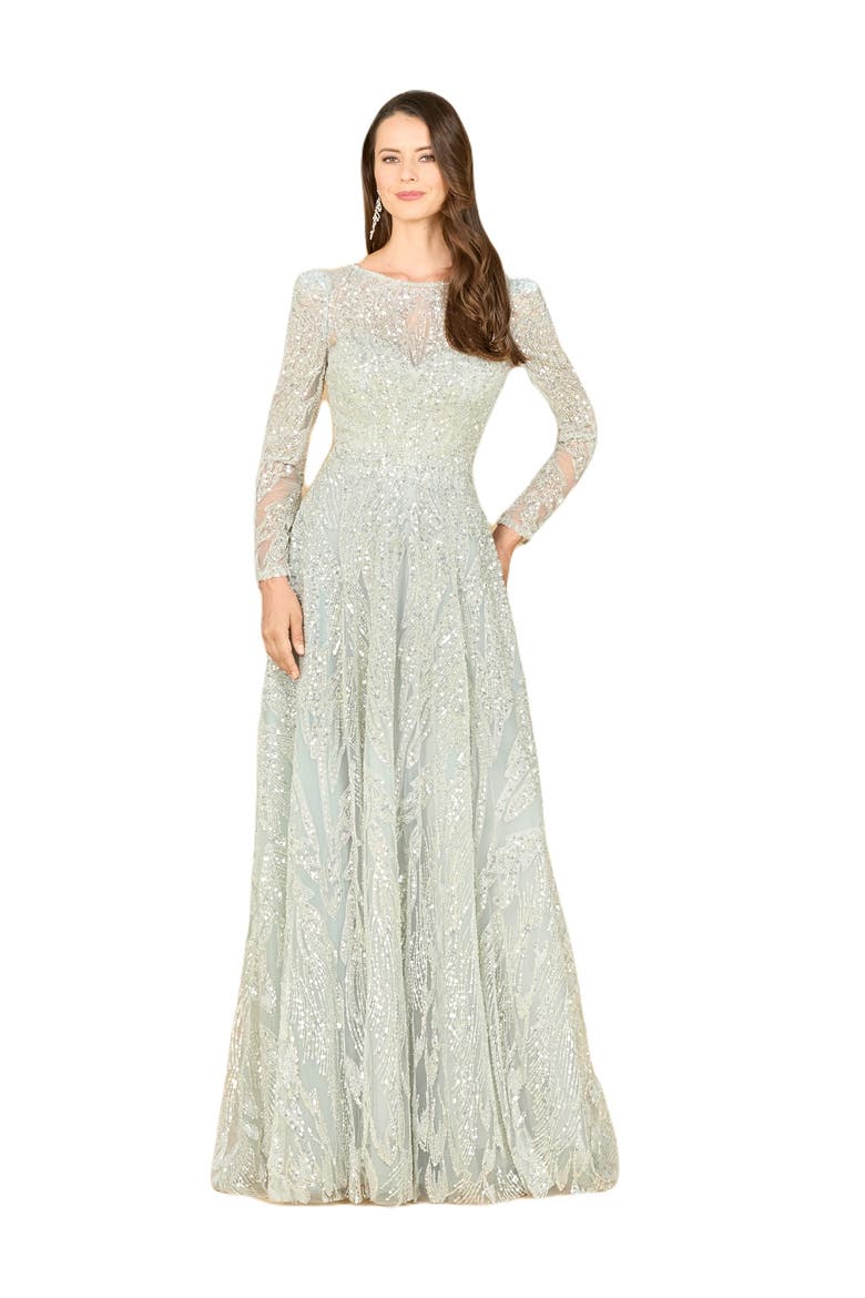Long Sleeve Beaded Lace Gown, Alternate, color, Frost