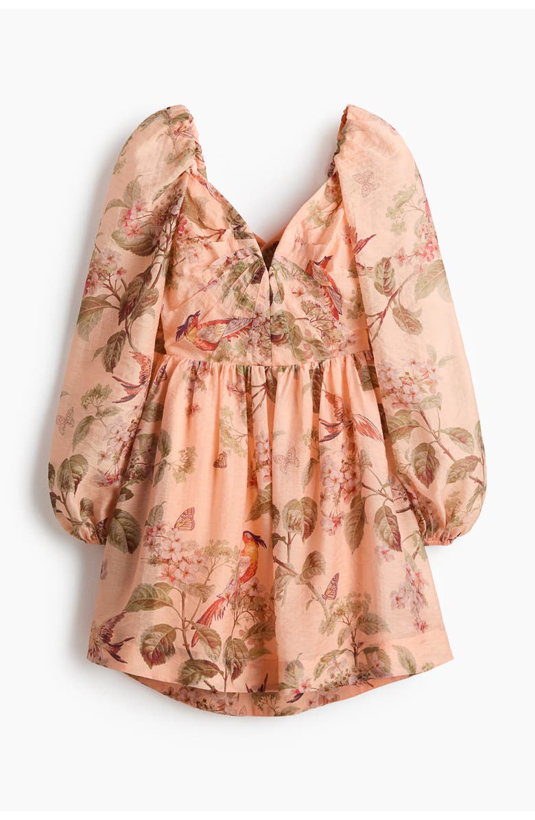 H&M Tie-detail Puff-sleeved Dress, Main, color, Peach Pink/Floral