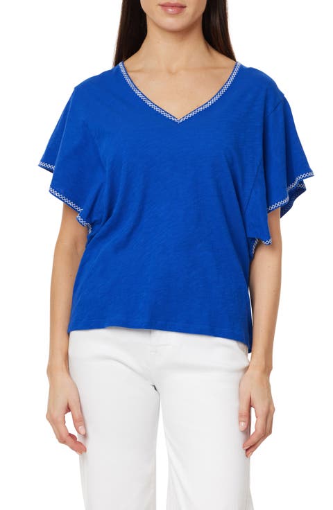 Embroidered Flutter Sleeve Cotton T-Shirt