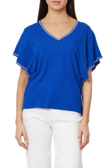 Curve Appeal Embroidered Flutter Sleeve Cotton T-shirt In Surf The Web