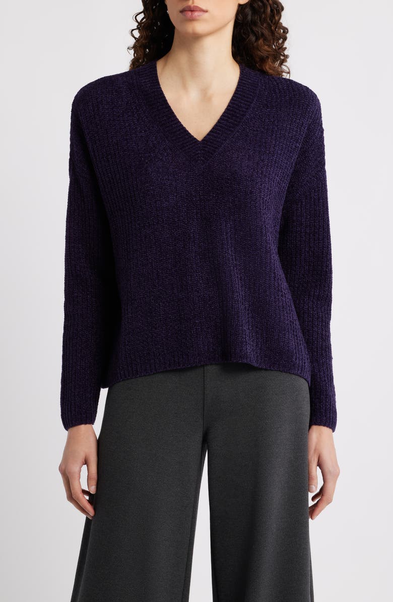 Eileen Fisher V-Neck Stretch Cotton Sweater, Main, color, Aubergine