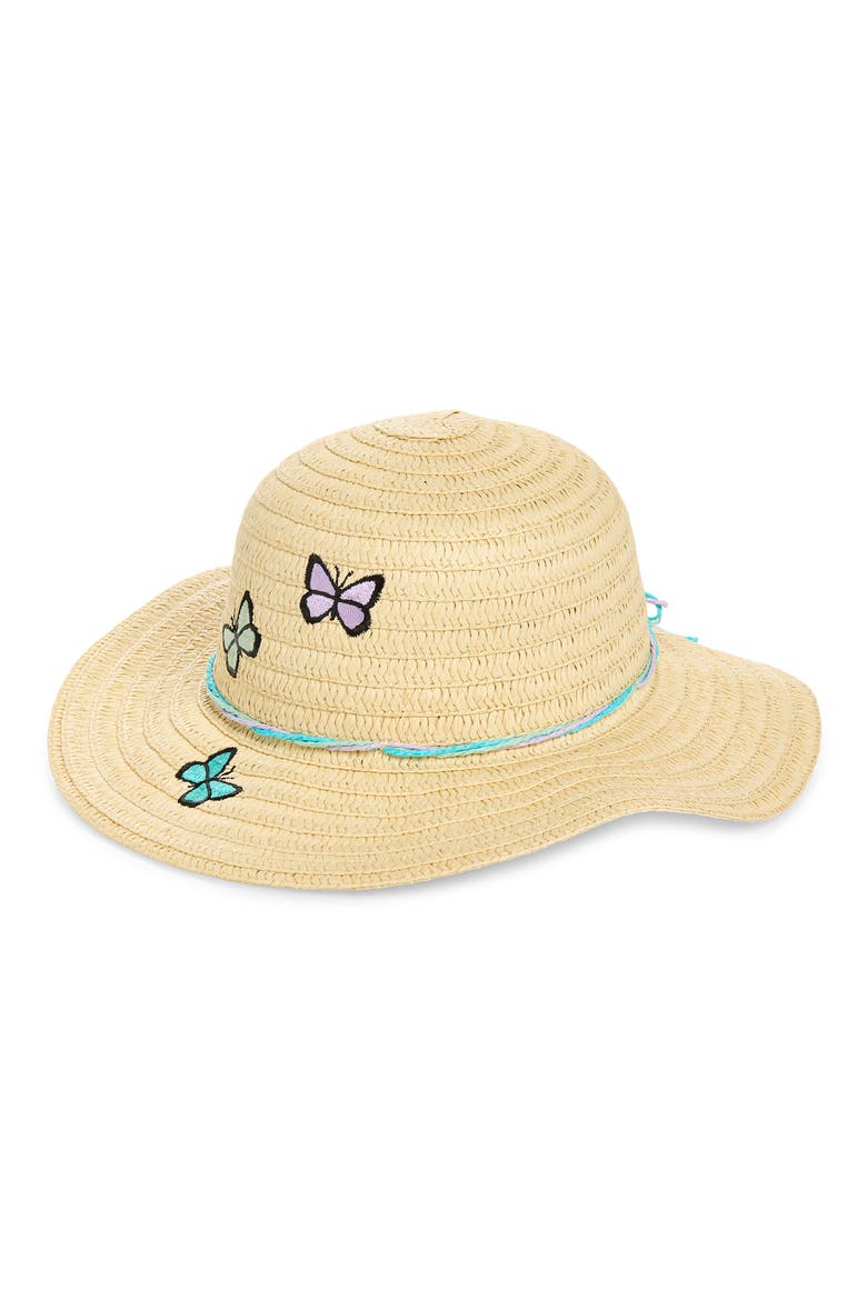 Kids' Butterfly Embroidered Straw Floppy Hat, Main, color, COOL COMBO