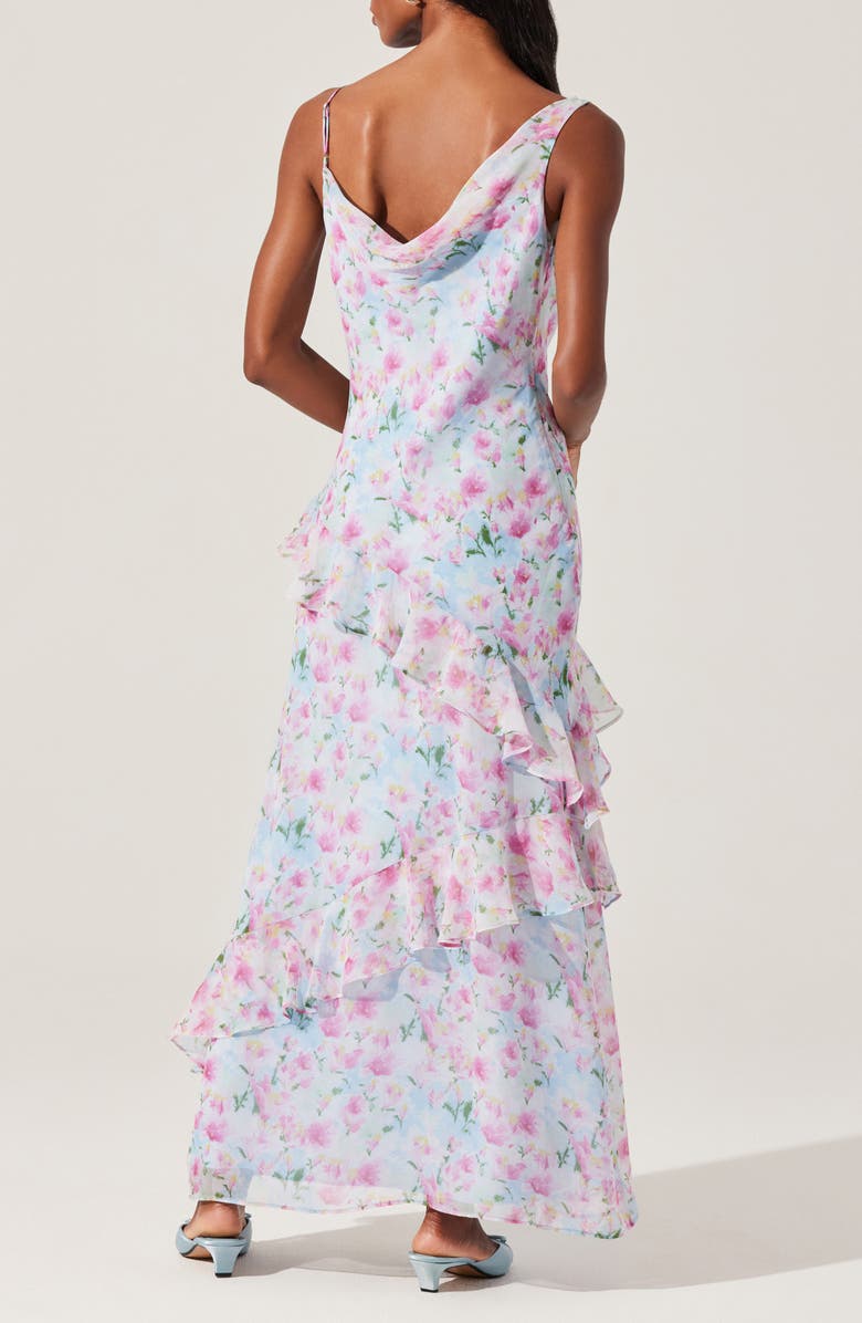 ASTR the Label Levina Asymmetric Ruffle Chiffon Maxi Dress, Alternate, color, Blue Floral