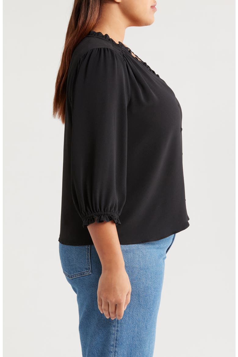 Ruffle Trim V-Neck Button-Up Top, Alternate, color, RICH BLACK