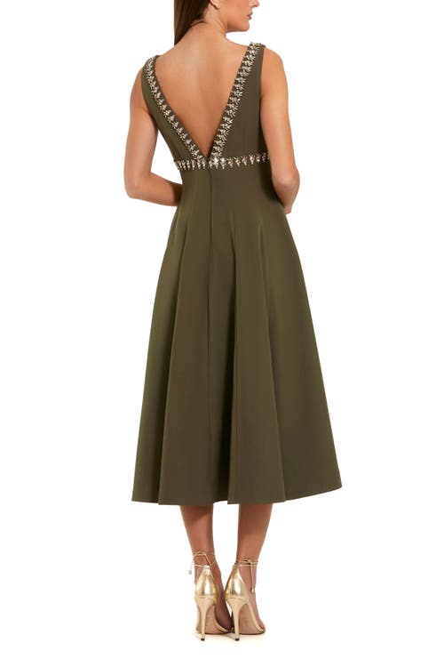 Mac Duggal Rhinestone Embellished Crepe A Line Midi Dress In Green