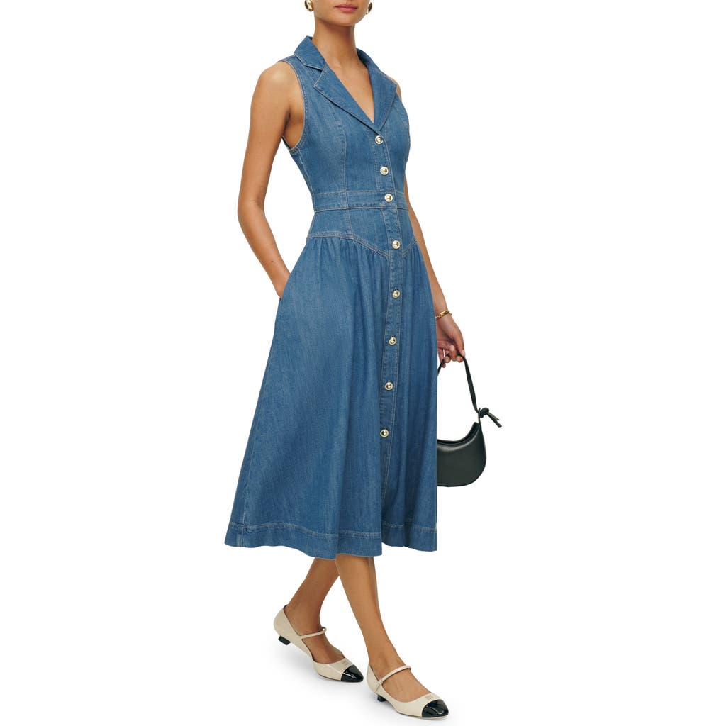 Reformation Ellison Sleeveless Button-front Denim Midi Dress In Blue