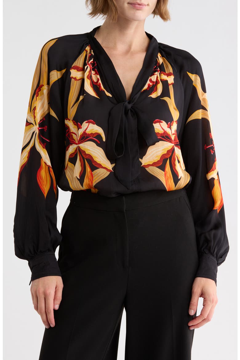 Tie Neck Long Sleeve Top, Main, color, PLACED FLORAL STEM PRINT