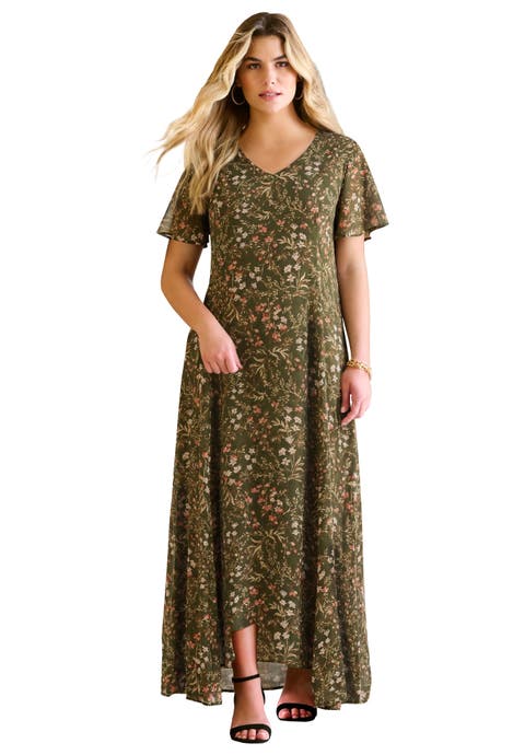 Plus Size Hand Crinkled Flutter Sleeve Maxi Dress