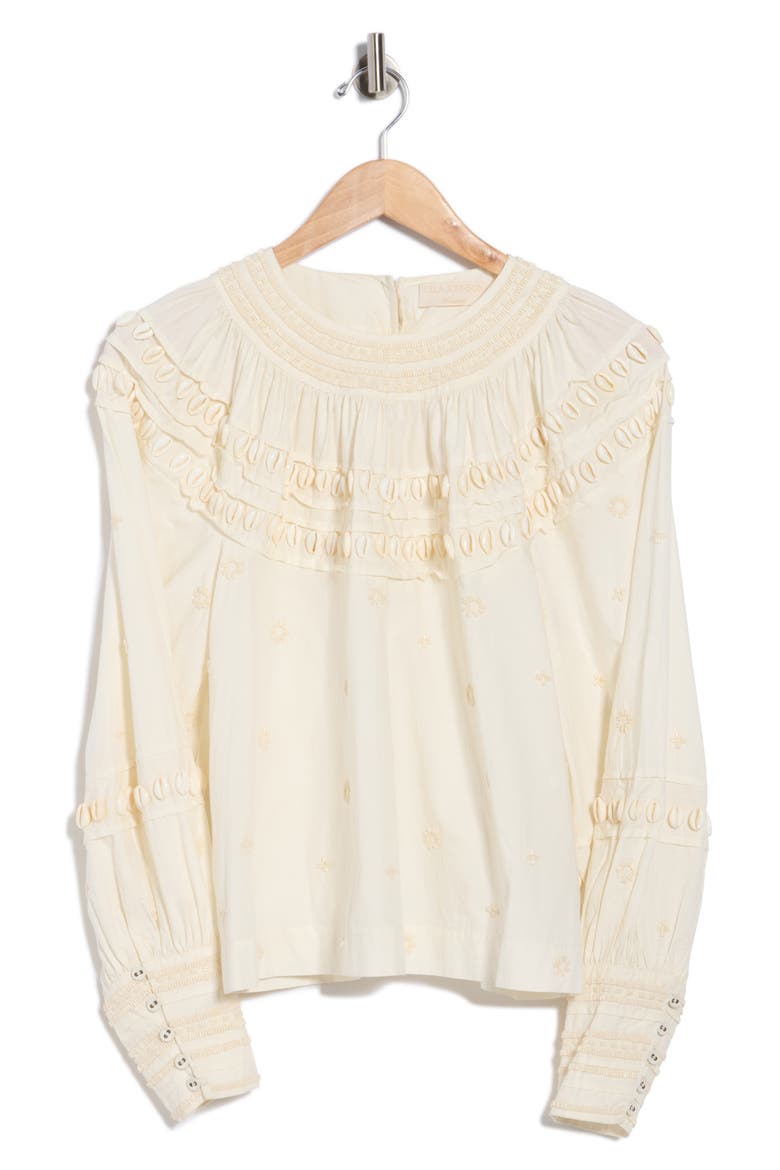 Tana Shell Embellished Long Sleeve Cotton Top, Alternate, color, COWRIE
