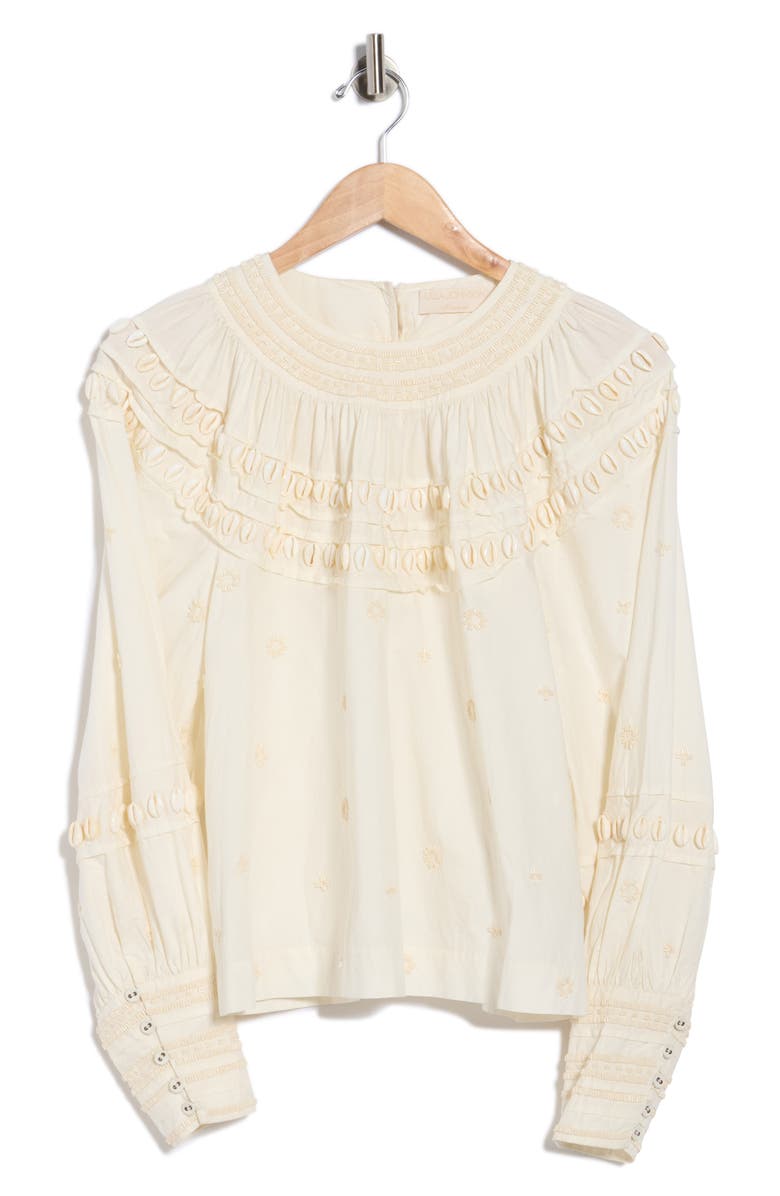 Ulla Johnson Tana Shell Embellished Long Sleeve Cotton Top, Alternate, color, Cowrie