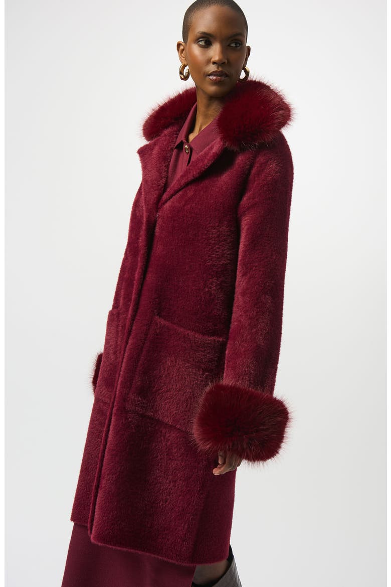 Faux Fur Trim Knit Coat, Alternate, color, MERLOT