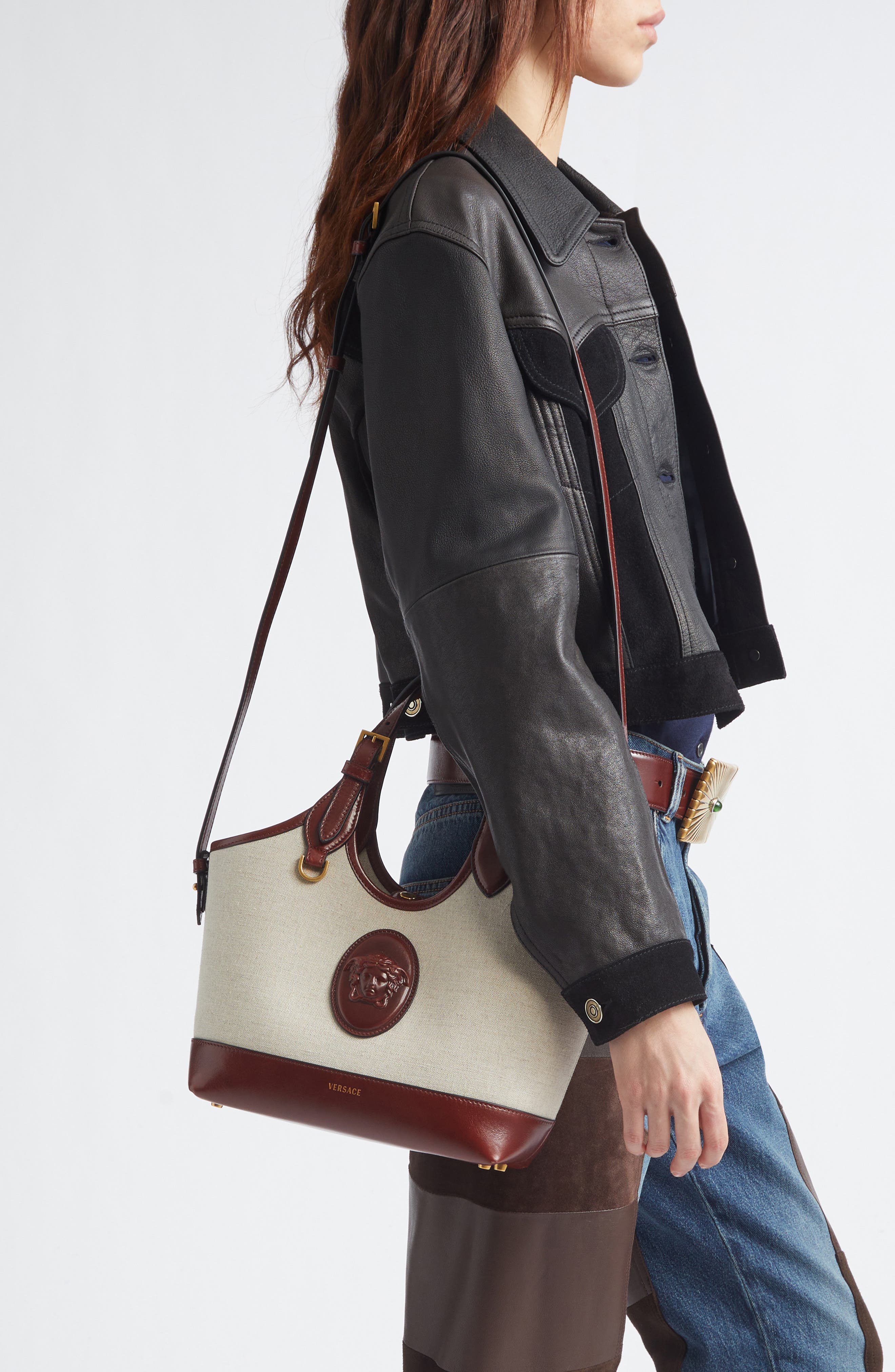 Small La Medusa Canvas & Leather Tote, Alternate, color, BEIGE PALISANDRO GOLD 82