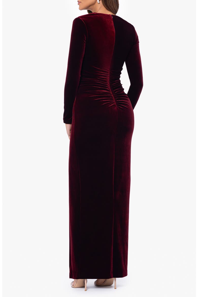 Long Sleeve Stretch Velvet Gown, Alternate, color, BURGUNDY