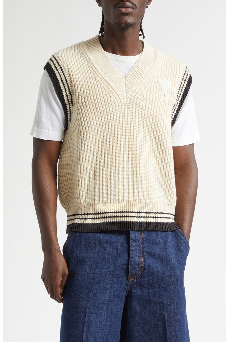 Ami de Coeur Rib Wool & Cotton V-Neck Sweater Vest, Main, color, BLANC CREME