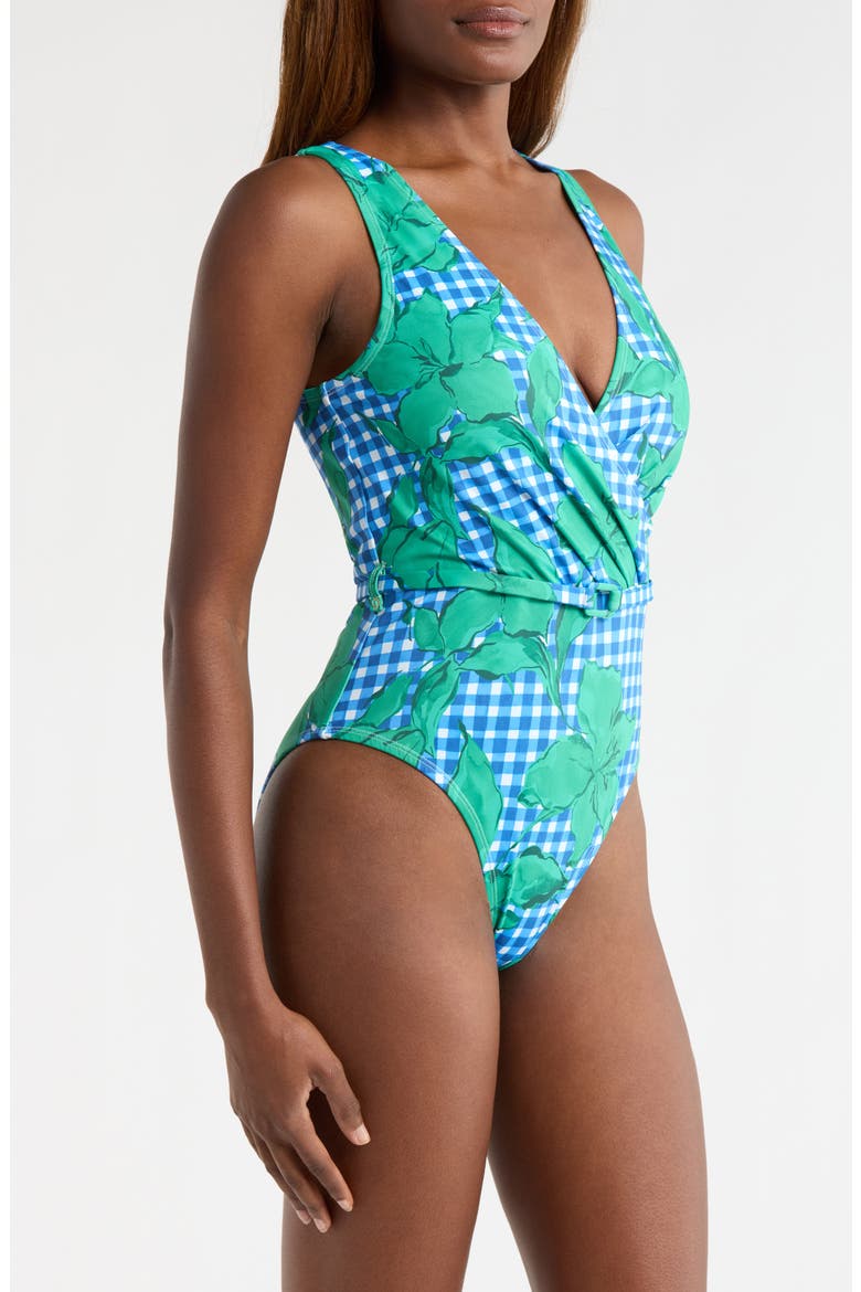 Belted One-Piece Swimsuit, Alternate, color, COBALT/TEAL FLORAL