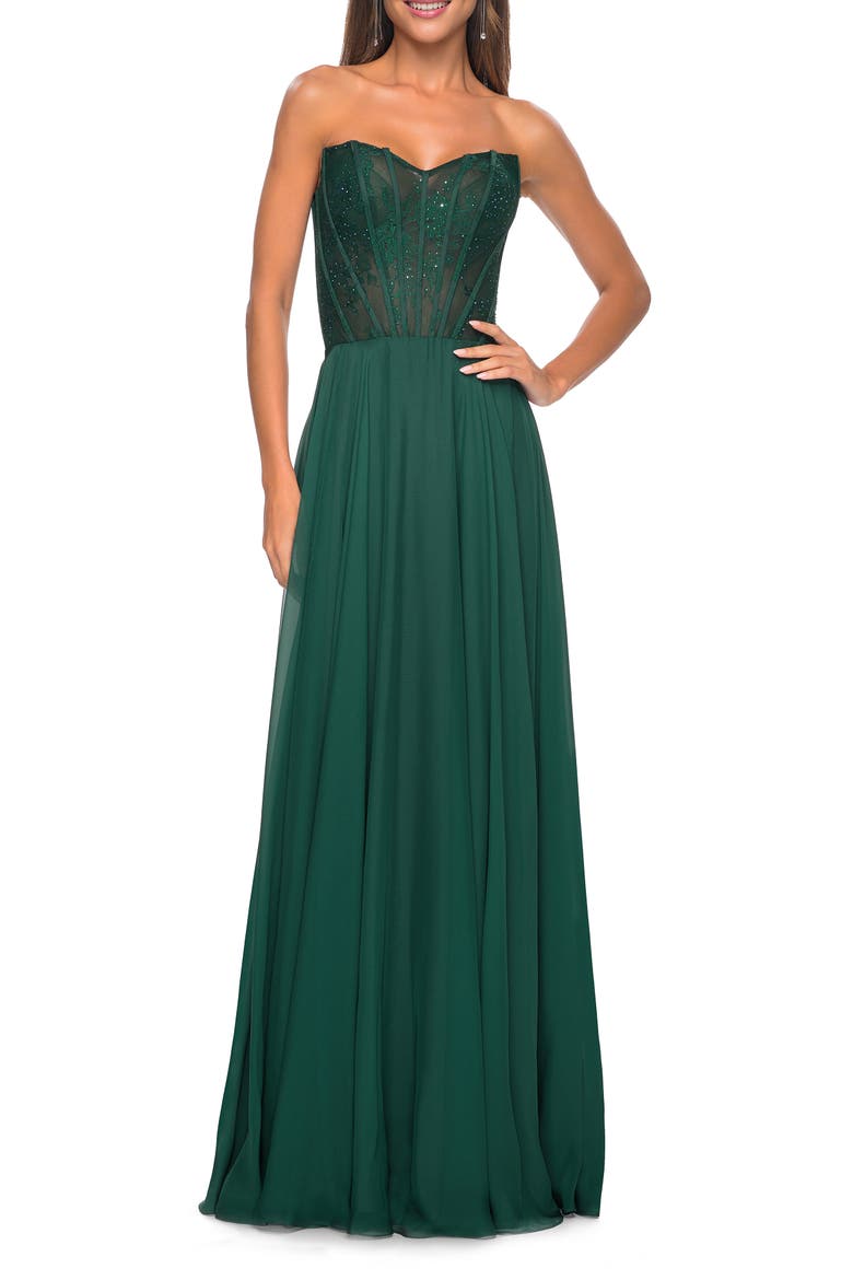 Strapless Chiffon Prom Gown with Lace Illusion Bodice, Alternate, color, Dark Emerald