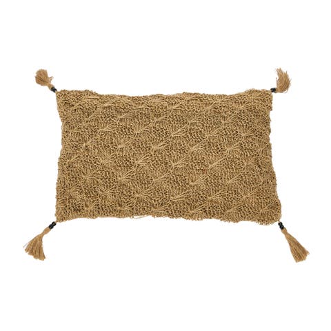 Hand-Woven Cotton and Jute Macramé Lumbar Pillow with Jute Tassels and Mango Wood Beads