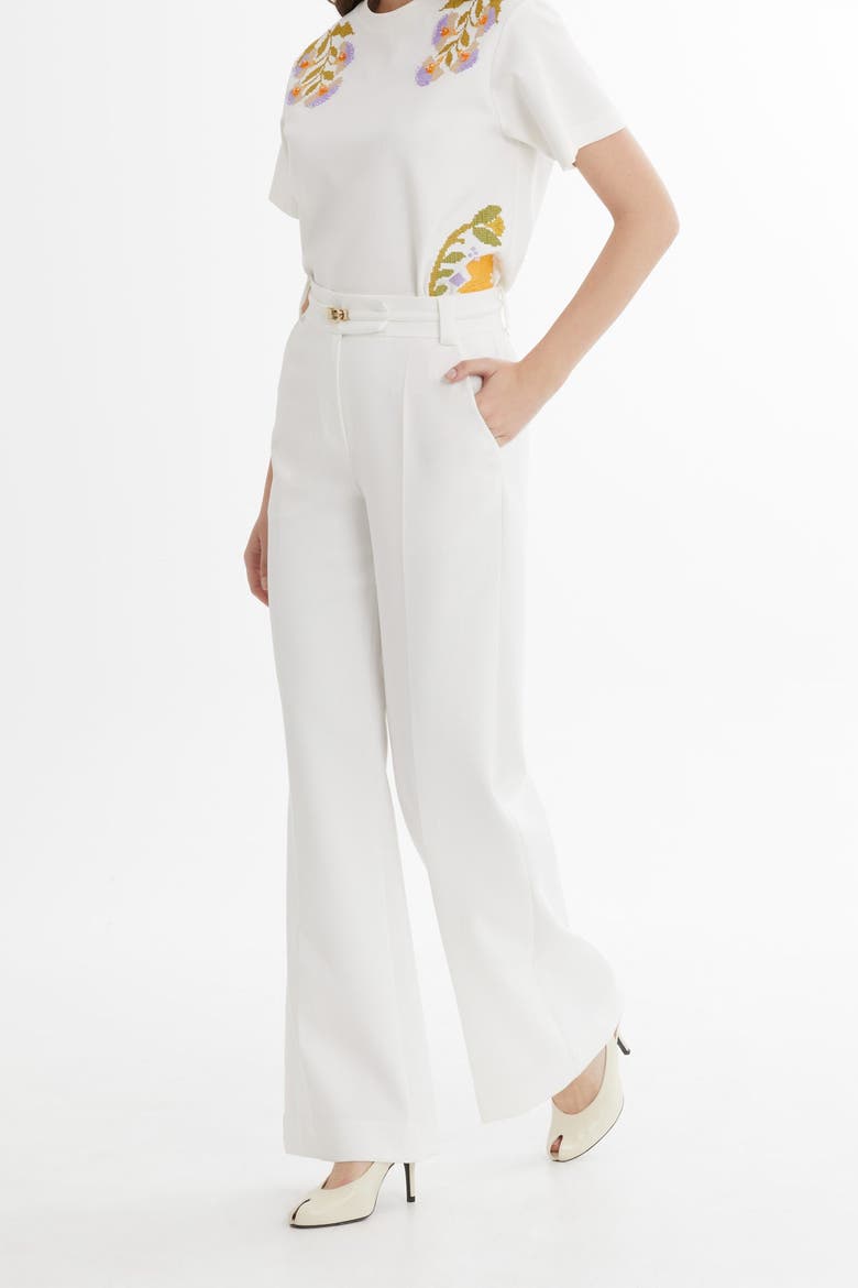 Pleated Stitch High-Waist Ecru Palazzo Pants, Alternate, color, Beige