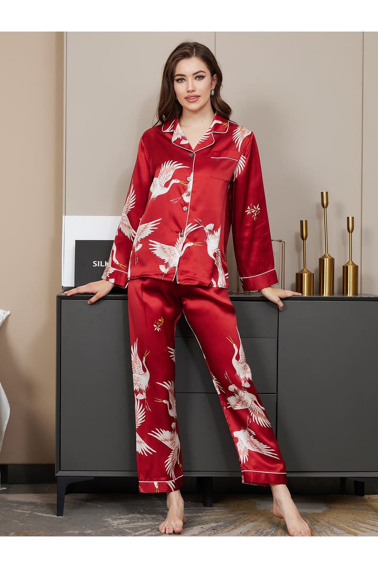 19Momme Pure Silk Printed Classic Binding Trim Womens Pajama set, Alternate, color, DarkRed