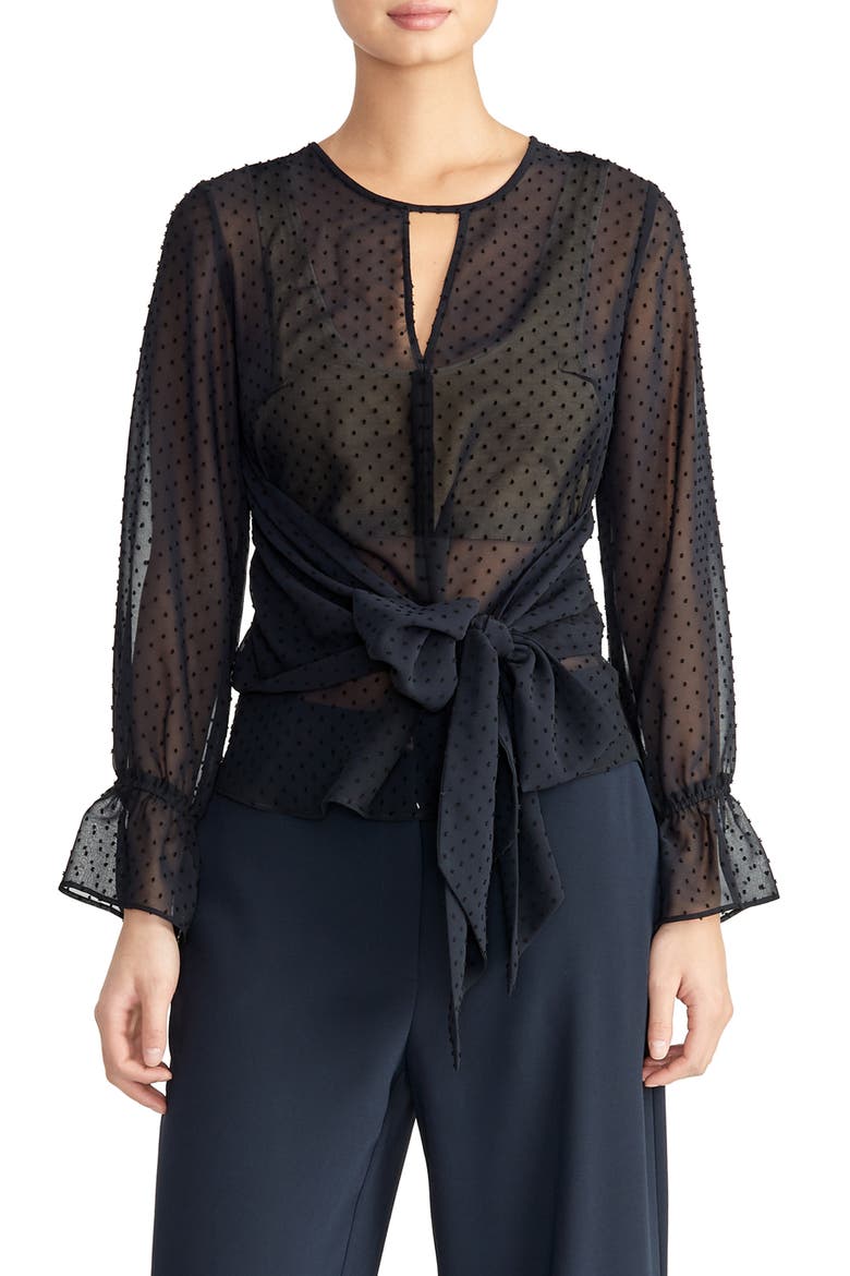 Swiss Dot Tie Blouse, Main, color, TRUE NAVY