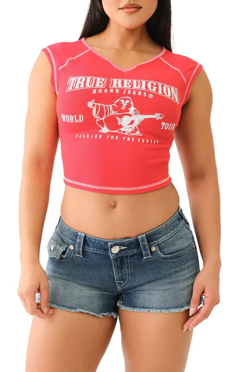 True Religion Contrast Stitch Crop Graphic T-Shirt, Main, color, Flame Scarlet