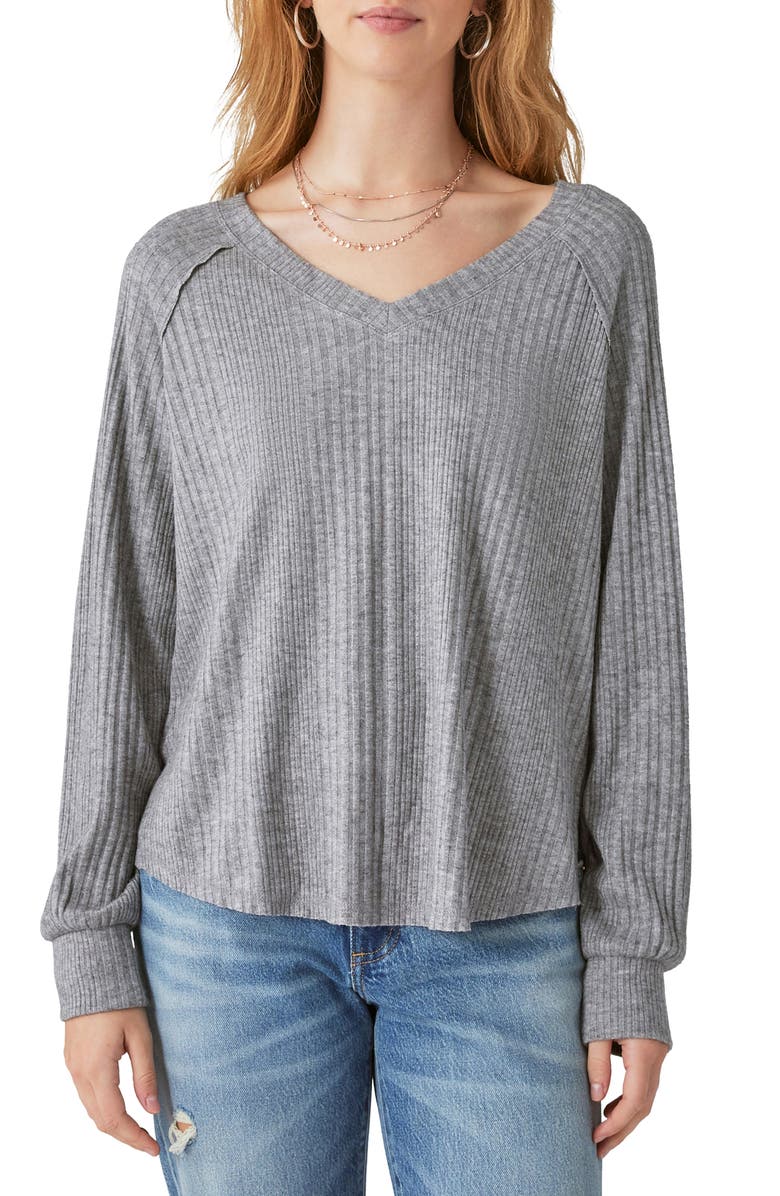 Lucky Brand Cloud Rib Jersey V-Neck Top, Main, color, 