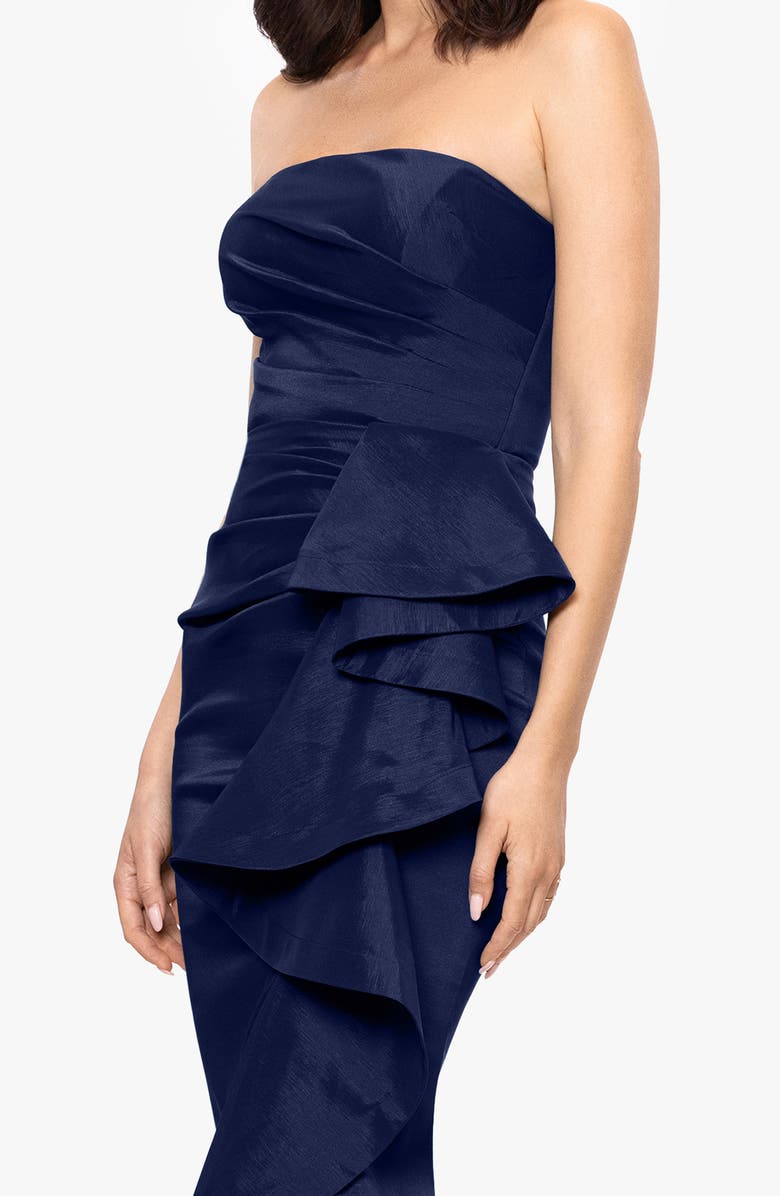 Betsy & Adam Strapless Cascade Ruffle Gown, Alternate, color, Navy