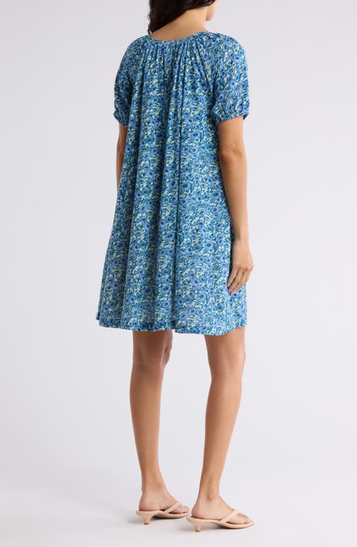 Melrose And Market Gauze Babydoll Minidress In Blue- Ivory Wildflower Sketch
