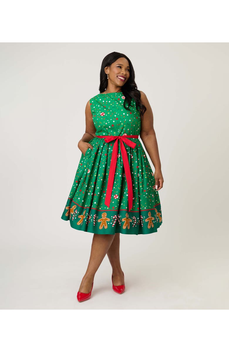 Unique Vintage Plus Size Sleeveless Belted Swing Dress, Main, color, Green Gingerbread Print