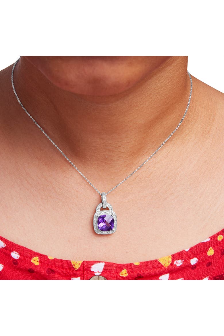 Silver 10X10 MM Cushion Purple Amethyst and Diamond Accent Halo Pendant Necklace, Alternate, color, White
