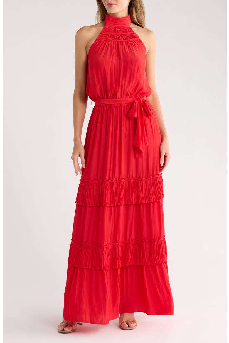 Genevieve Halter Neck Tiered Maxi Dress, Main, color, FLAME