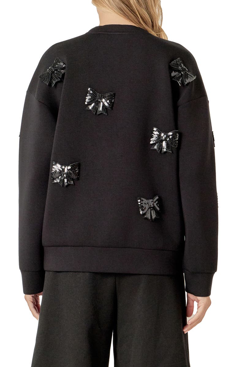 English Factory Sequin Bow Scuba Sweatshirt, Alternate, color, Black