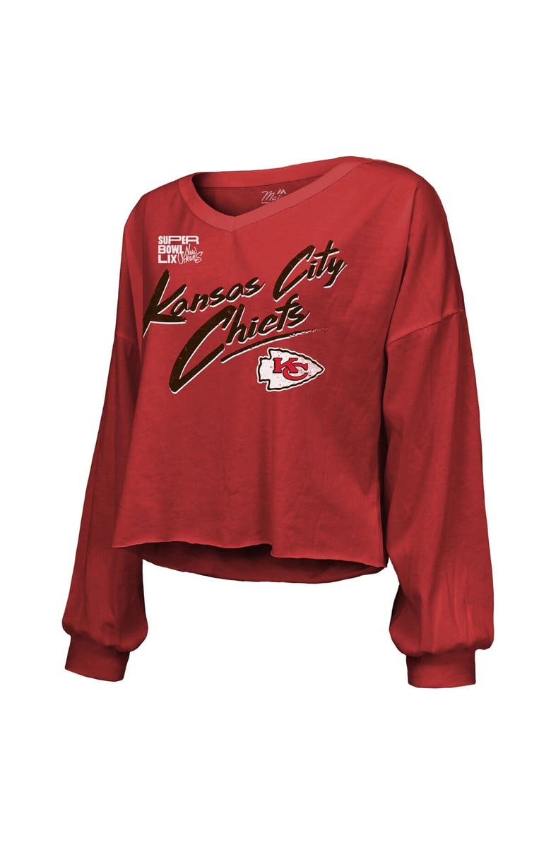 Majestic Threads Women's Majestic Threads Patrick Mahomes Red Kansas City Chiefs Super Bowl LIX Name & Number Off-Shoulder Script Long Sleeve V-Neck T-Shirt, Alternate, color, 