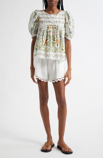 Ruchelieu Embroidered Scalloped Linen Blend Shorts