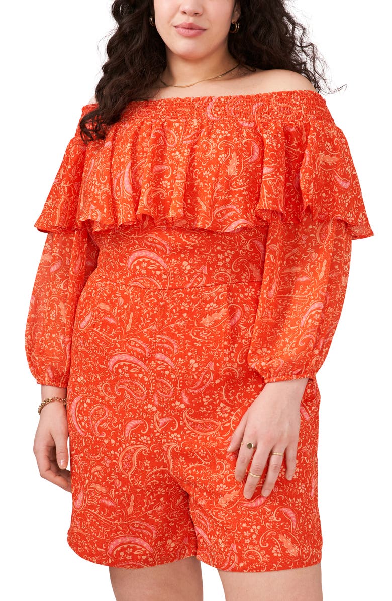 1.STATE Paisley Smocked Off the Shoulder Romper, Main, color,
