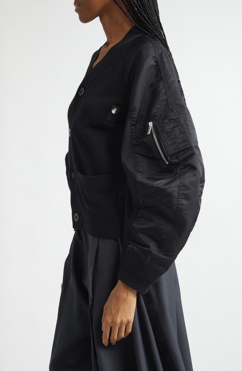 Sacai Mixed Media Knit & Nylon Twill Cardigan, Alternate, color, Black