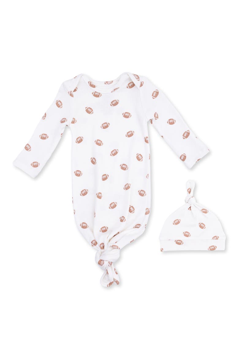 Mini Football Print Knotted Gown & Hat Set, Main, color, IVORY