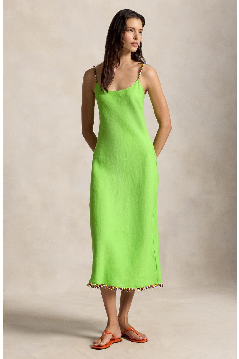 Bead Detail Linen Slipdress, Alternate, color, RIVIERA GREEN