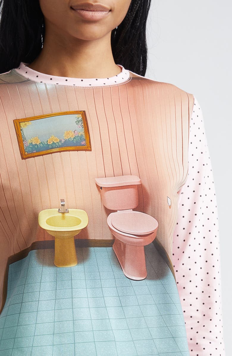 Ashley Williams Bathroom Print Long Sleeve Cotton T-Shirt, Alternate, color, Pink Multi