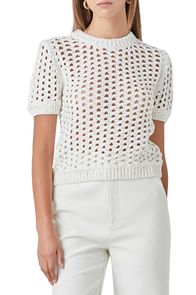 Sequin Open Stitch Sweater, Main, color, WHITE