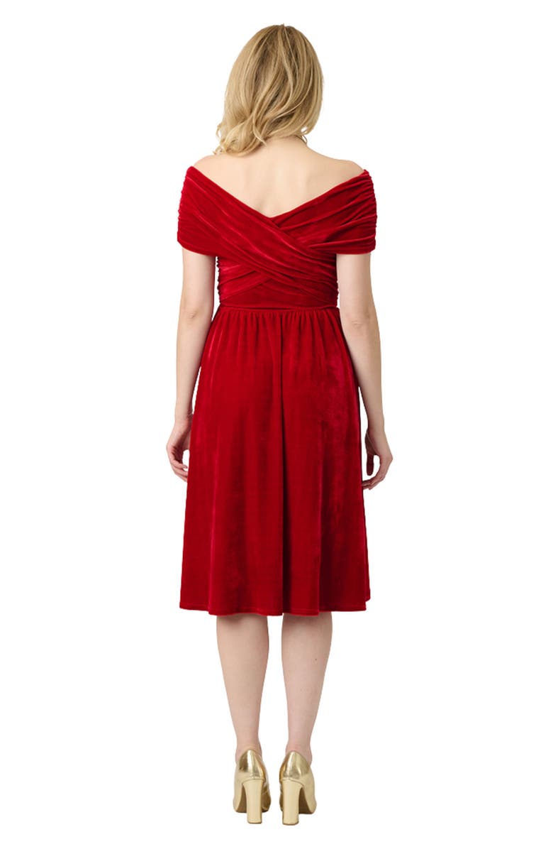 Unique Vintage Shirred Off Shoulder Swing Dress, Alternate, color, Burgundy