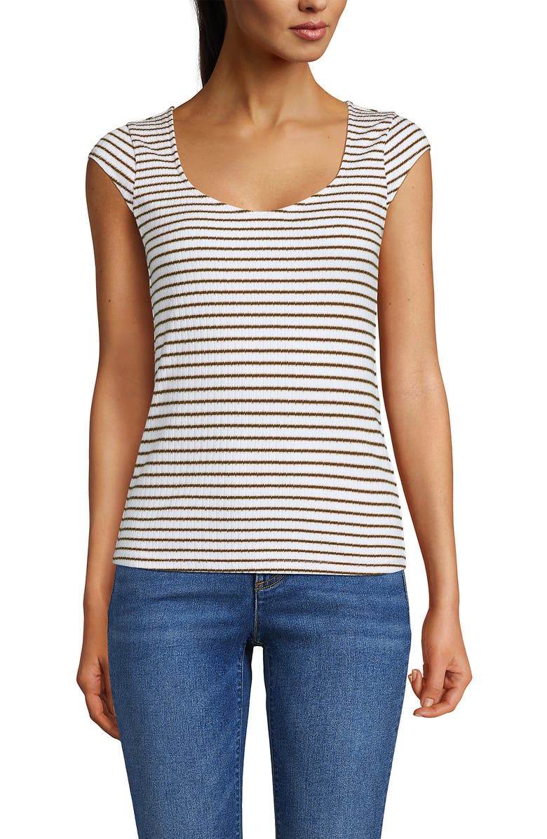 Lands' End Pointelle Cap Sleeve Top, Alternate, color, White/Coriander Easy Stripe