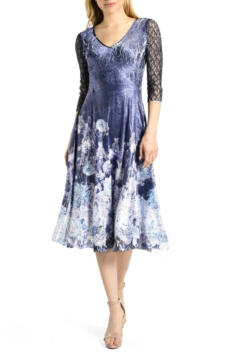 Floral Print Charmeuse & Lace Cocktail Midi Dress, Main, color, MIDNIGHT THISTLE
