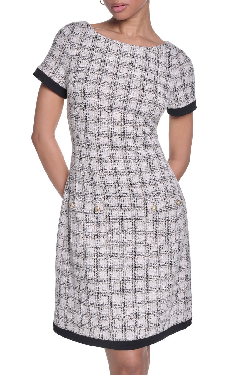 KARL LAGERFELD Windowpane Check Tweed Sheath Dress, Alternate, color, Soft White/ Black Multi