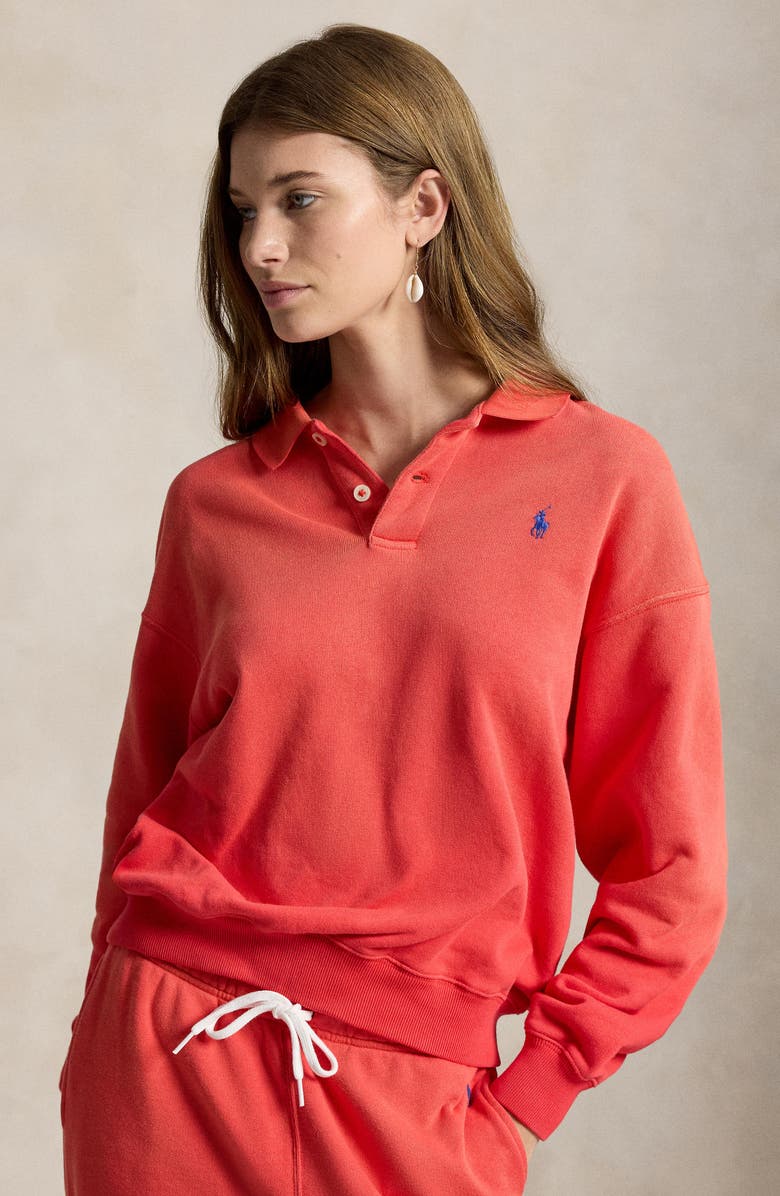 Polo Ralph Lauren Crop Fleece Polo Sweatshirt, Alternate, color, Bright Hibiscus