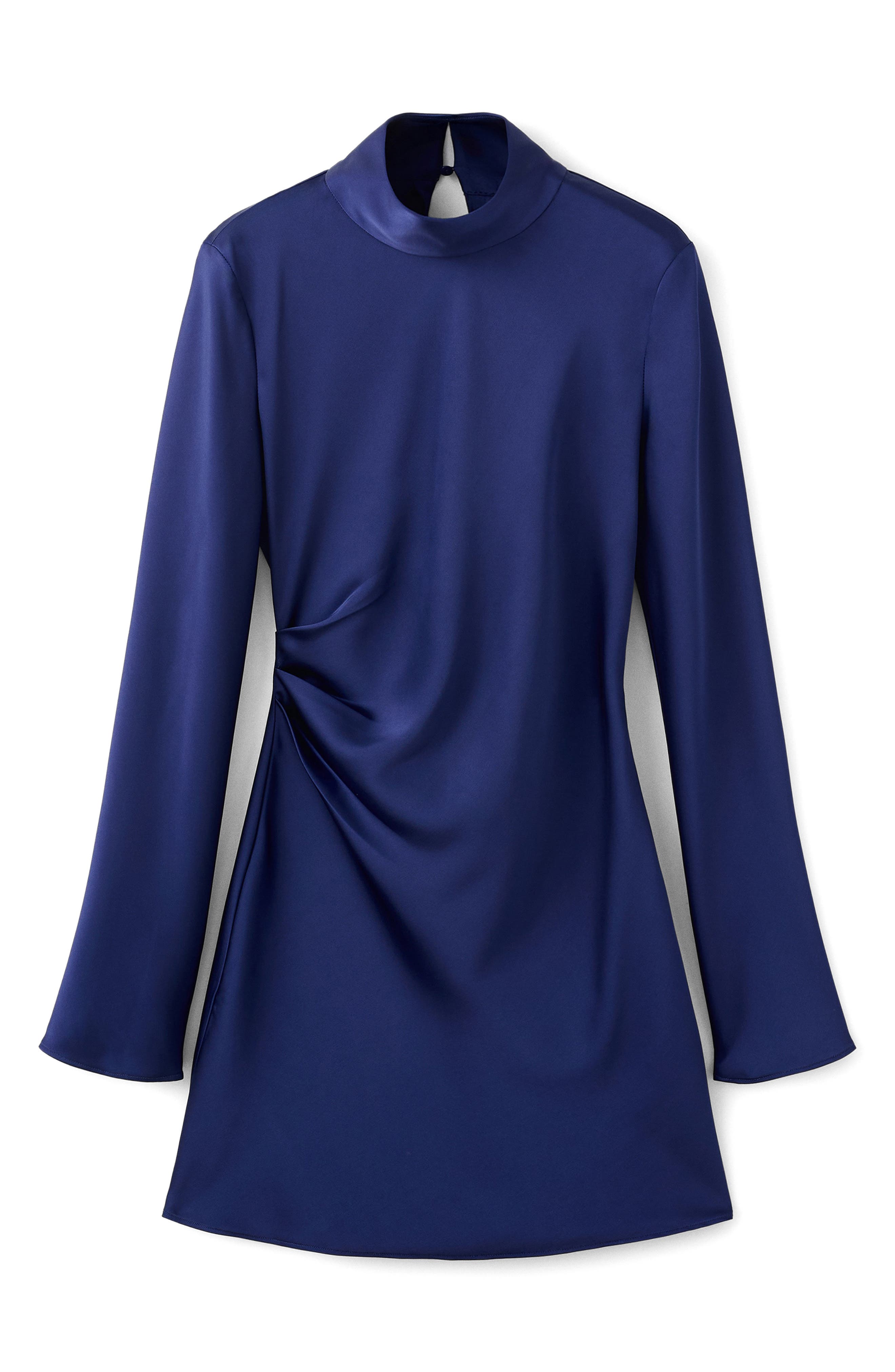 Pleated Long Sleeve Satin Dress