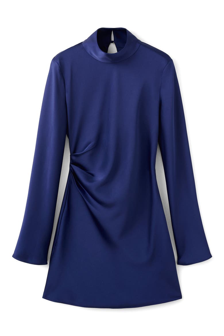 Pleated Long Sleeve Satin Dress, Main, color, INDIGO BLUE