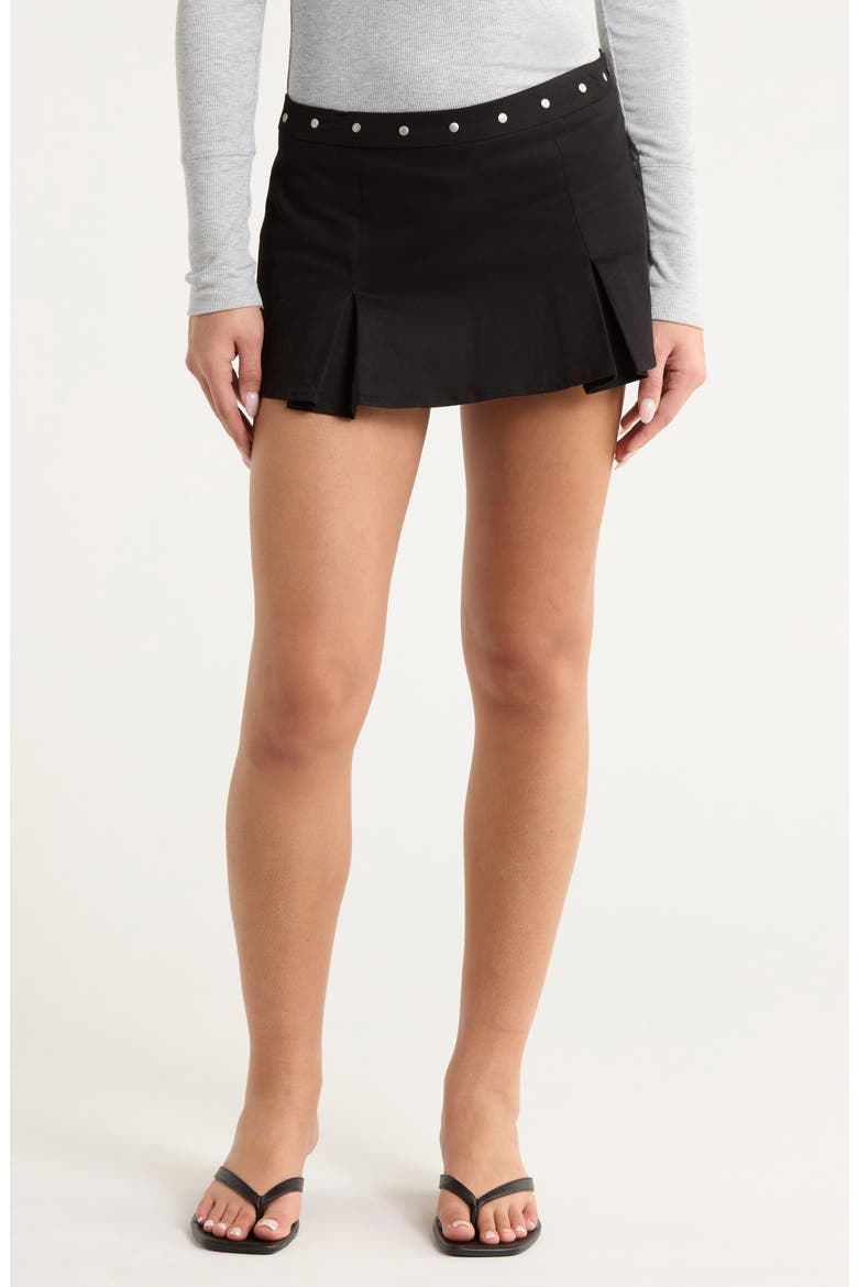 Stud Pleated Stretch Cotton Miniskirt, Main, color, BLACK